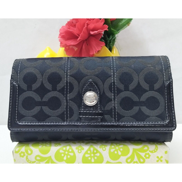 Coach Signature Black Canvas Credit Card ID Window Trifold Wallet - Picture 1 of 14